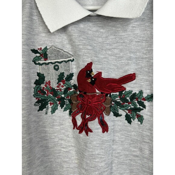 VTG 90s Collared Embroidered Red Cardinal Bird Sweatshirt Large Grandmacore - Picture 2 of 7